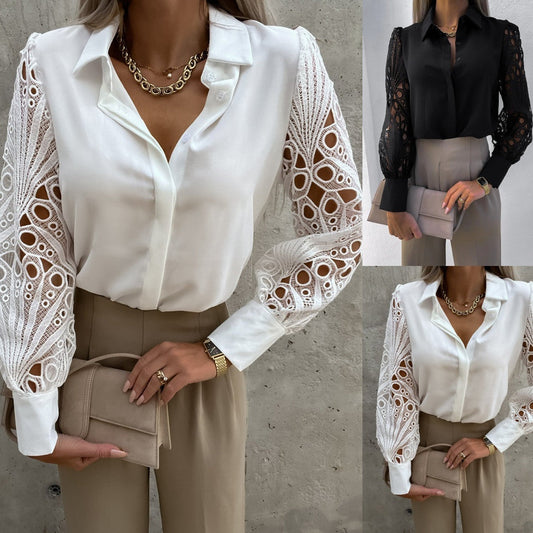 Women's long-sleeved shirt with hollow out lace