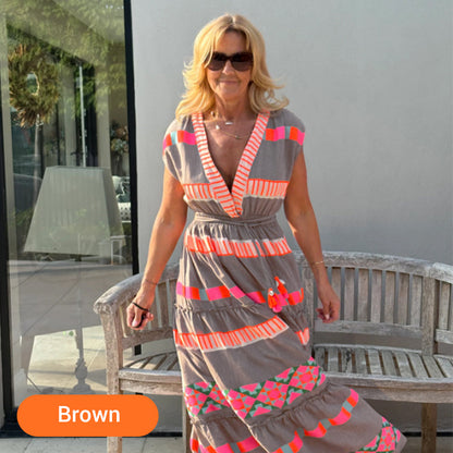 🔥Hot Sale 50% OFF💕Women's Loose V-Neck Vintage Stripe Pattern Sleeveless Dress
