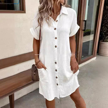 💝Women's Buttoned Short Sleeve Pocket Casual Shirt Dress