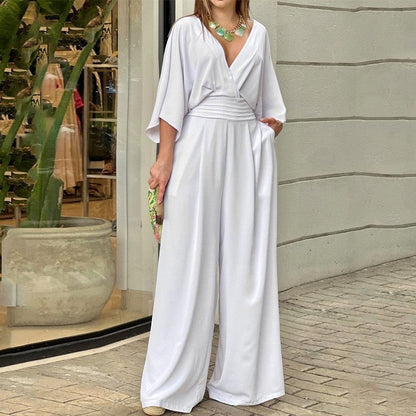 Women's Elegant V-Neck Wide Leg Jumpsuit