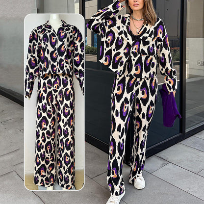 Printed Flip Collar Long Sleeve Top & Wide Leg Pants 2-piece Set