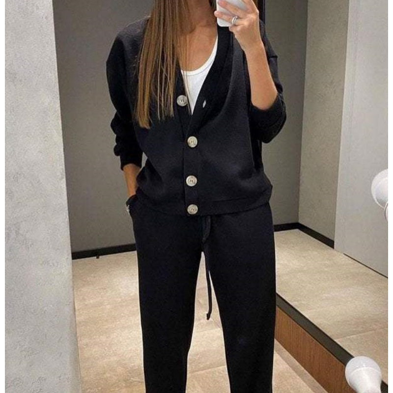 Women's Knitted Buttoned Jacket and Pants Two-piece Set