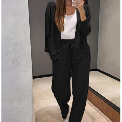 Women's Knitted Buttoned Jacket and Pants Two-piece Set