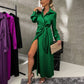 Women’s Trendy Long Sleeve Tie Waist Side Slit Dress