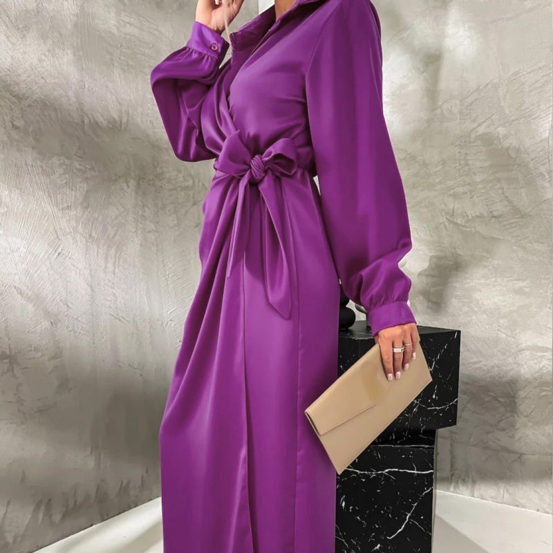 Women’s Trendy Long Sleeve Tie Waist Side Slit Dress