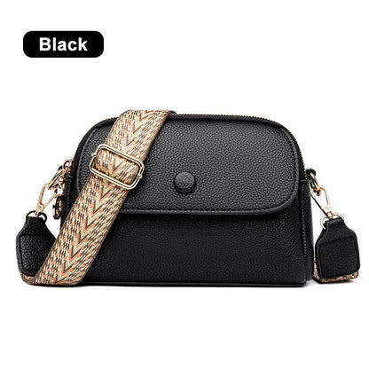 Wide Strap Flapover Crossbody Bag with Zipper