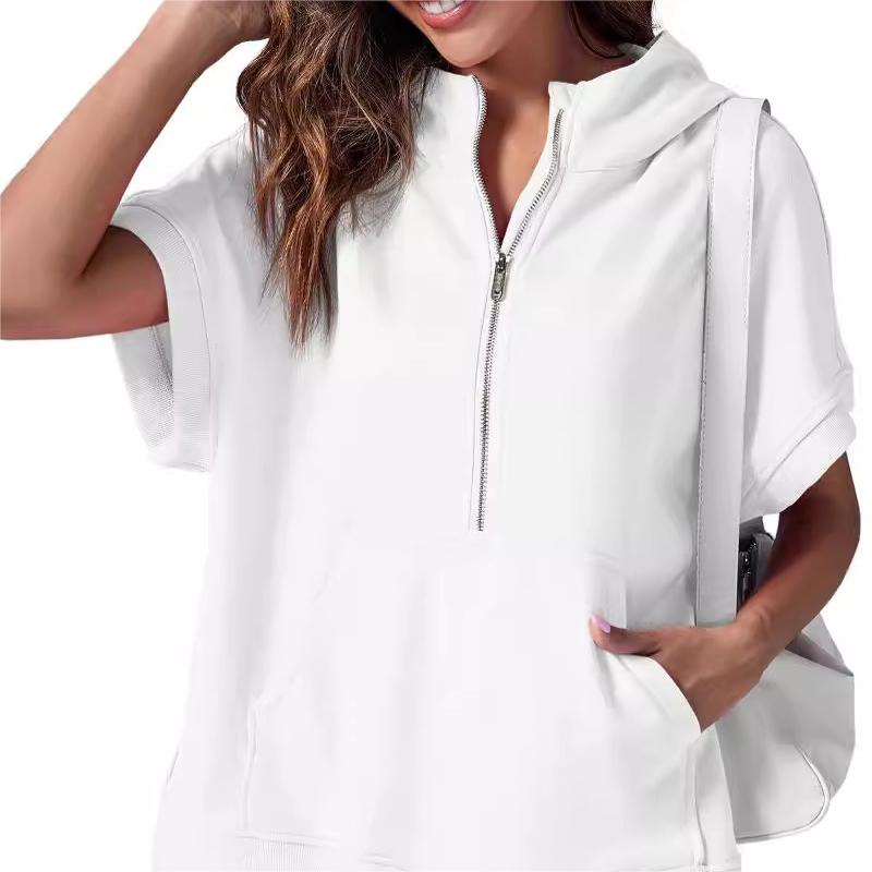 2024 Oversized Casual Half Zip Short Sleeve Pullover Tops with Pockets