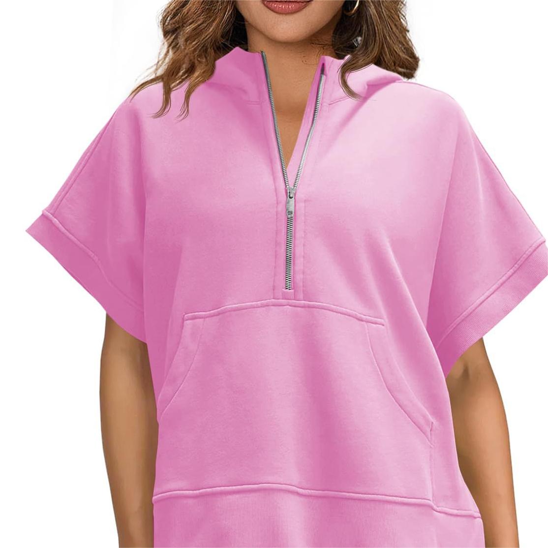 2024 Oversized Casual Half Zip Short Sleeve Pullover Tops with Pockets