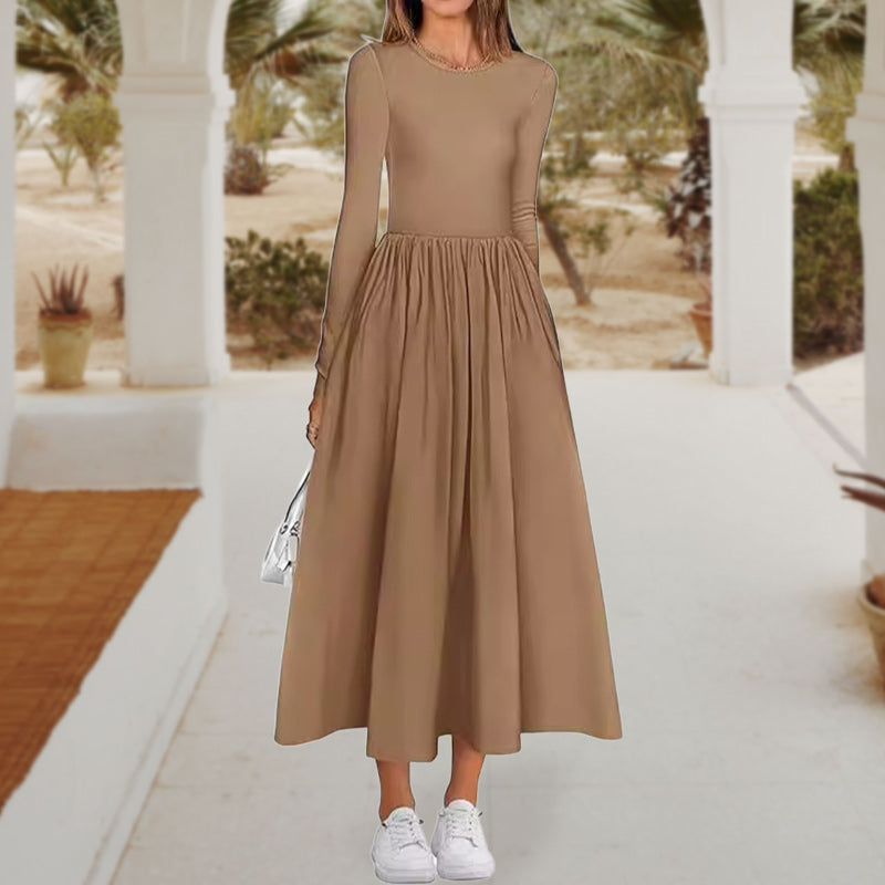 Elegant Solid Color Round Neck A-line Pleated Dress