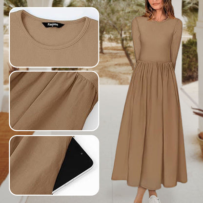 Elegant Solid Color Round Neck A-line Pleated Dress