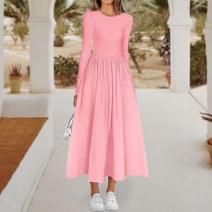 Elegant Solid Color Round Neck A-line Pleated Dress