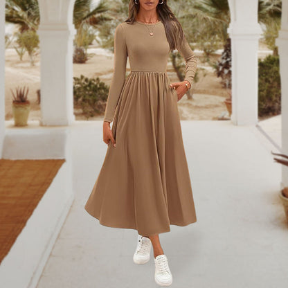 Elegant Solid Color Round Neck A-line Pleated Dress