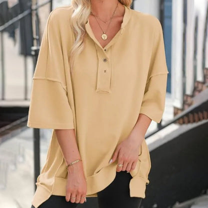 Solid Color Loose Fit Casual Half-Button Top