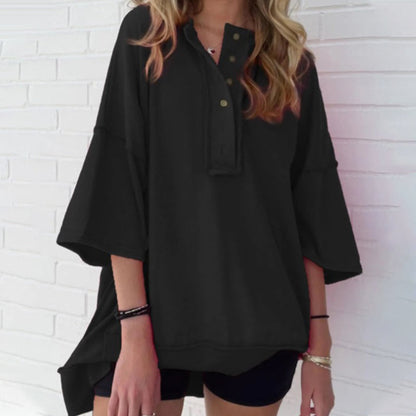 Solid Color Loose Fit Casual Half-Button Top