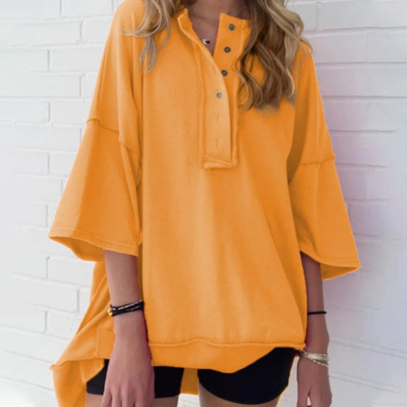 Solid Color Loose Fit Casual Half-Button Top