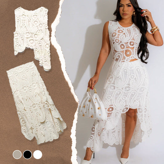 Women's Lace Hollow Out 2-Piece Set Sleeveless Top & Irregular Skirt