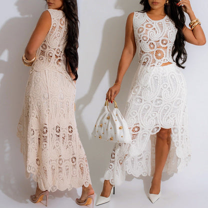 Women's Lace Hollow Out 2-Piece Set Sleeveless Top & Irregular Skirt