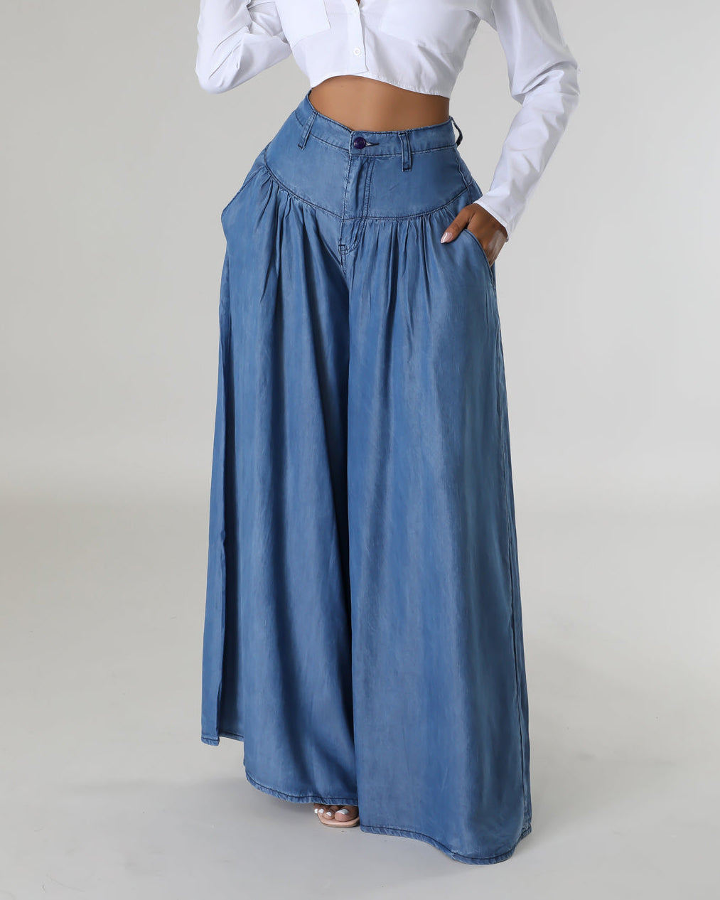 High Waist Zipper Wide Leg Denim Women Pants