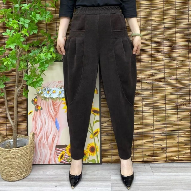 Women's Thickened Elastic Waist Pants with Pockets