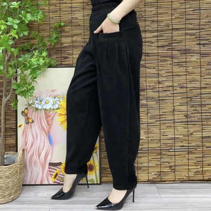 Women's Thickened Elastic Waist Pants with Pockets