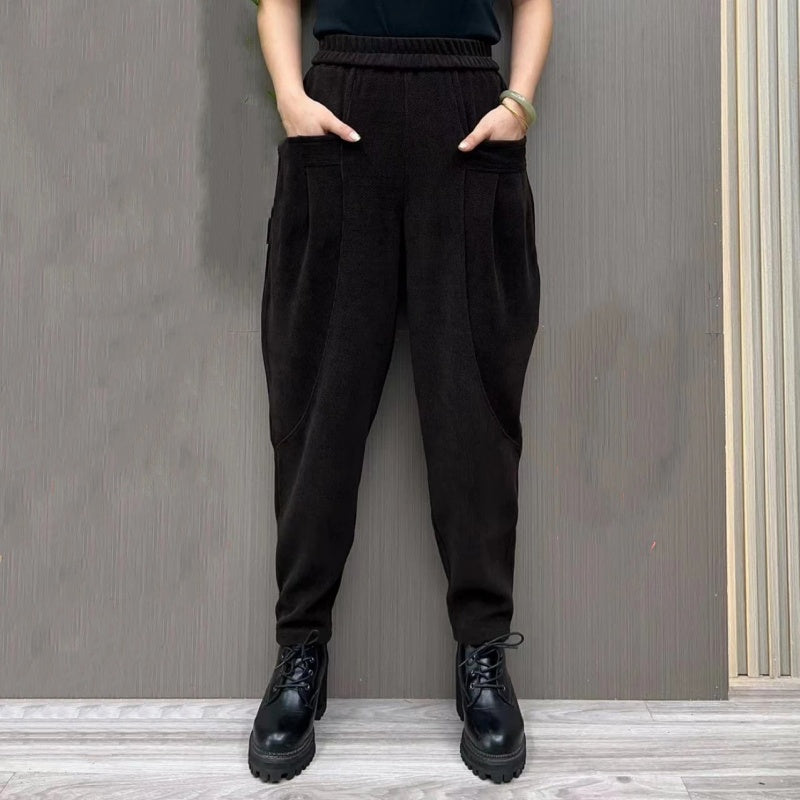 Women's Thickened Elastic Waist Pants with Pockets