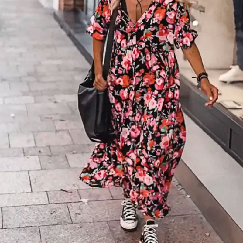 Women's Loose V-Neck Floral Flowy Dress