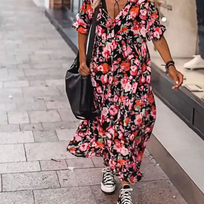 Women's Loose V-Neck Floral Flowy Dress