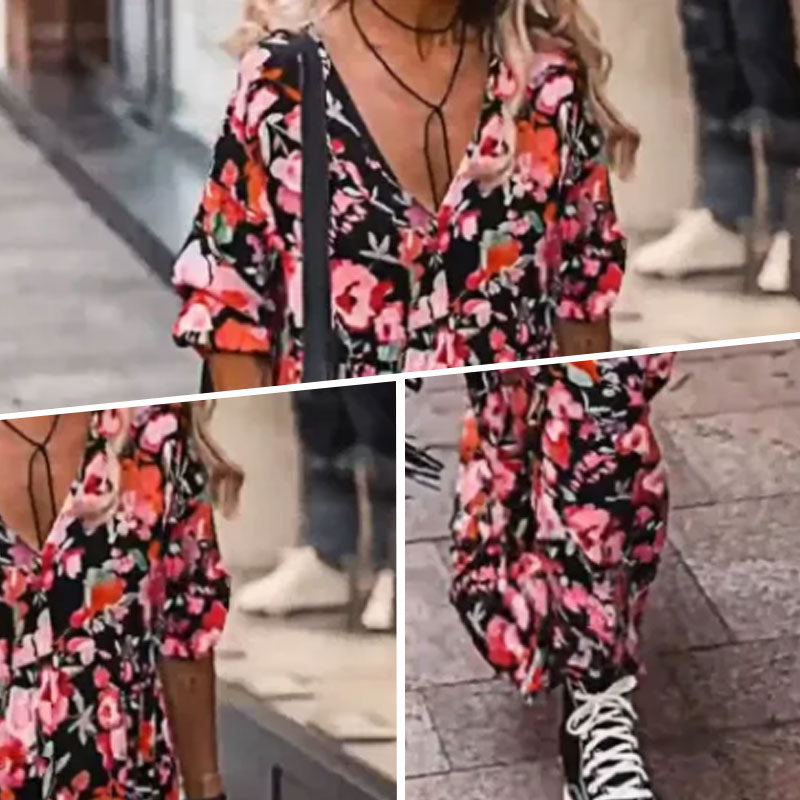 Women's Loose V-Neck Floral Flowy Dress