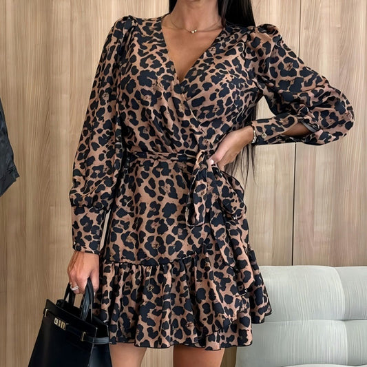 💖Leopard Print Wrap V-Neck Waist Tie Dress