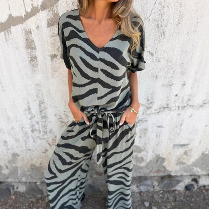 🔥 Hot Sale🔥Women's Zebra Print V-Neck Top & Pants Two-Piece Set