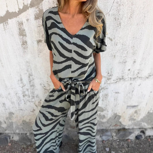 🔥 Hot Sale🔥Women's Zebra Print V-Neck Top & Pants Two-Piece Set