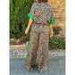 🌸Spring Hot Sale 50% OFF💐Leopard Print Color Block Short Sleeve Loose Shirt and Elastic Waist Pocket Pants Set