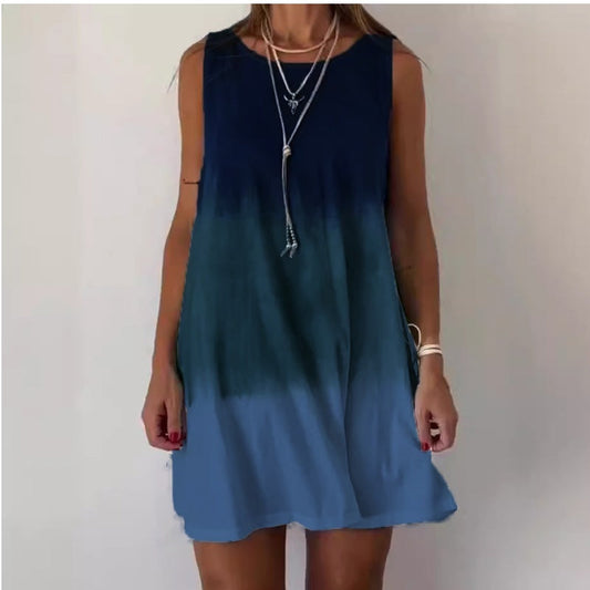 Round Neck Sleeveless Dress with Gradient Print