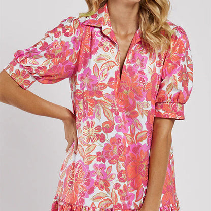 Women's Dress with Puff Sleeves, Pockets and Ruffle