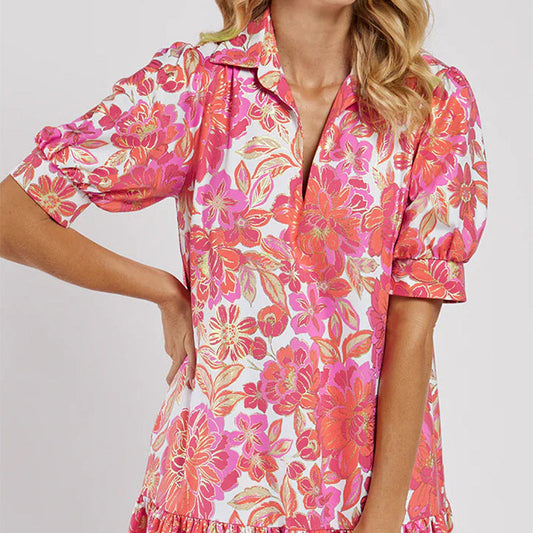 Women's Dress with Puff Sleeves, Pockets and Ruffle