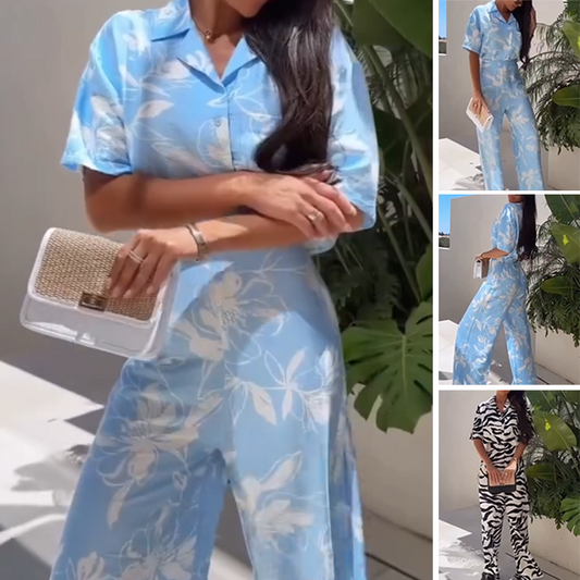 💕Big price reduction💕Women's Casual Printed Short Sleeve Shirt Wide Leg Pants Set