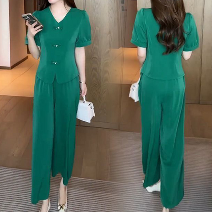 ⏳Time-limited Special 💖V-Neck Short Sleeve Top & Matching Wide-Leg Pants 2-Piece Set for Women