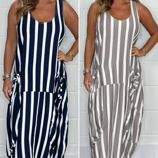 Stripe Oversized Tie-Front Pocket Dress